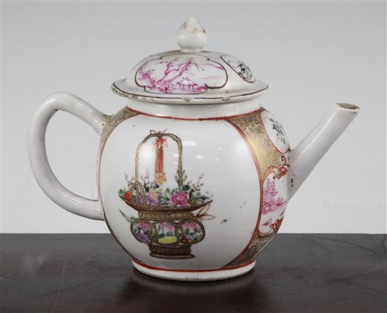 A Chinese export famille rose globular teapot, Qianlong period, 14.5cm., some damage